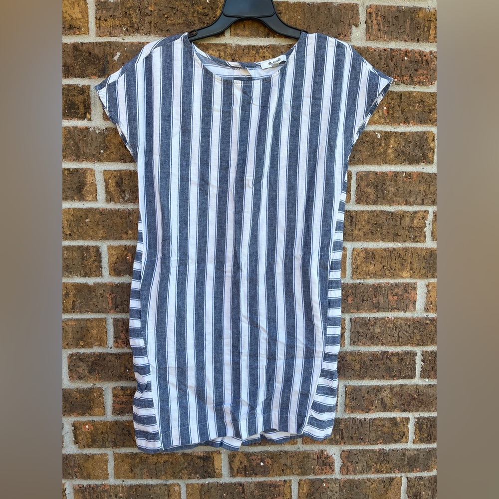 Madewell Womens Stripe Play Button-Back Linen Blend Midi Shift Dress Size XXS